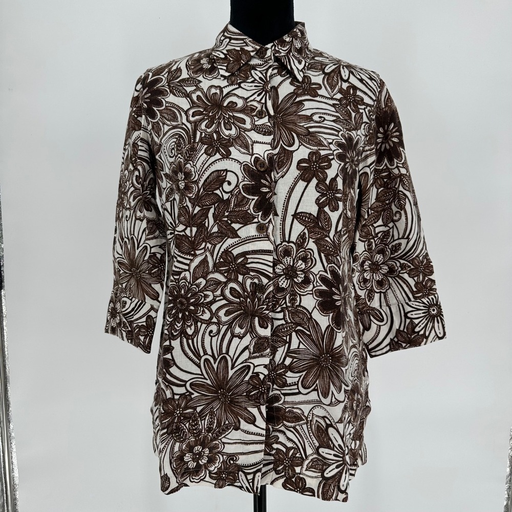 Chico's 0 Brown Floral 100% Linen Button Down Shirt Top Lagenlook Small 4